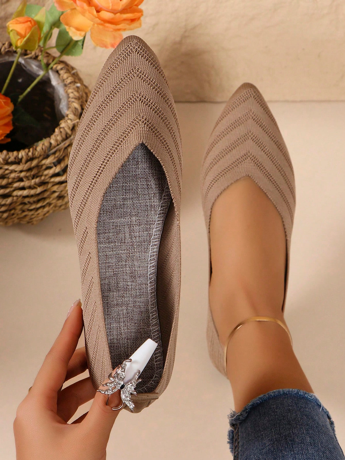 Sapatilha Bico Fino Knit Texturizado Confortável