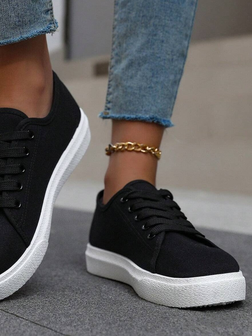 Tênis Casual De Lona Com Cadarço E Solado Grosso Antiderrapante