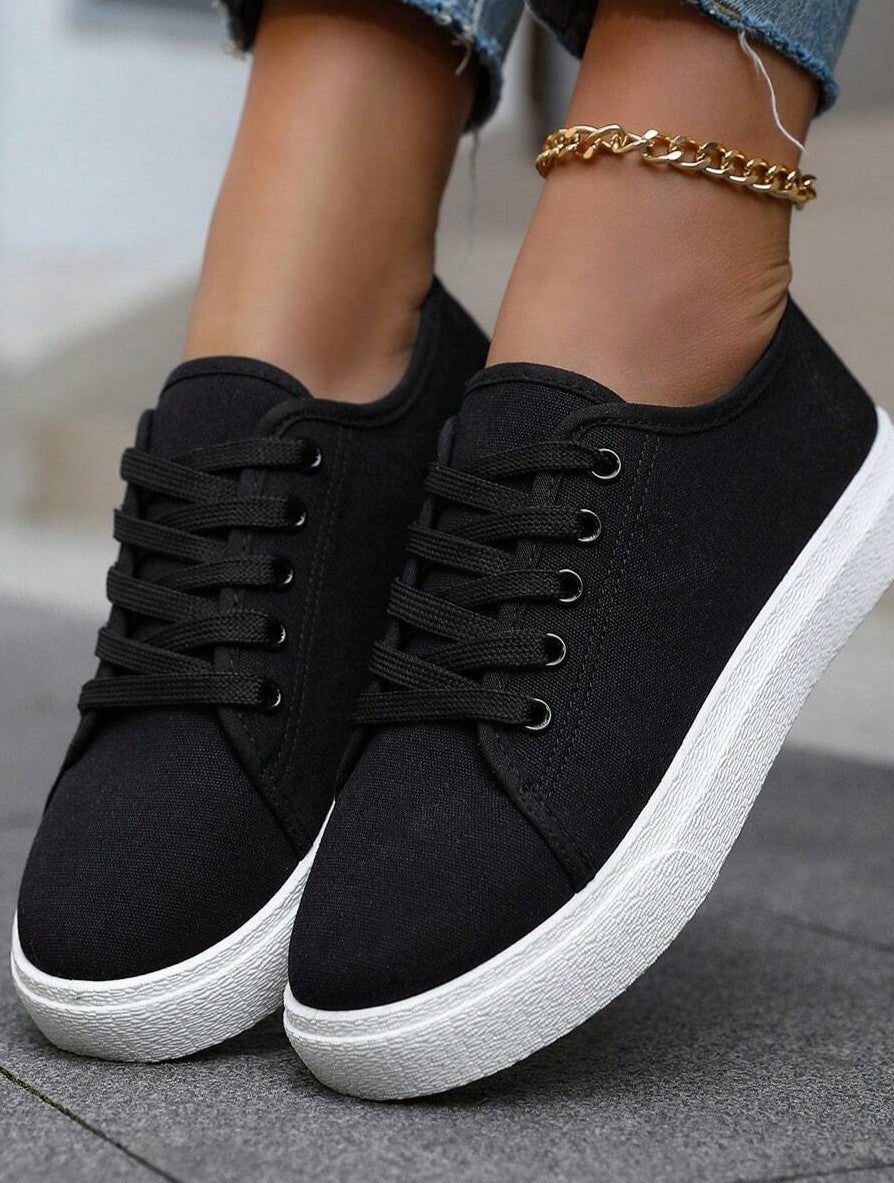 Tênis Casual De Lona Com Cadarço E Solado Grosso Antiderrapante