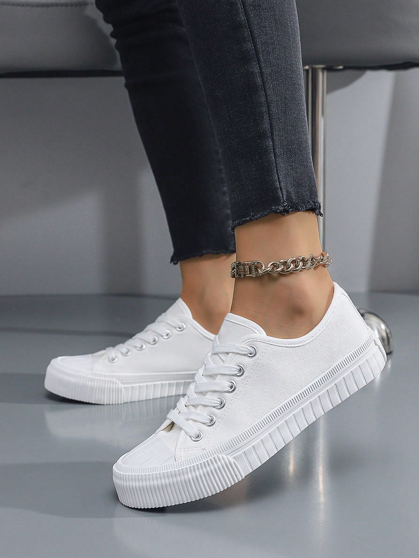 Tênis Casual De Lona Com Solado Grosso Estilo Street