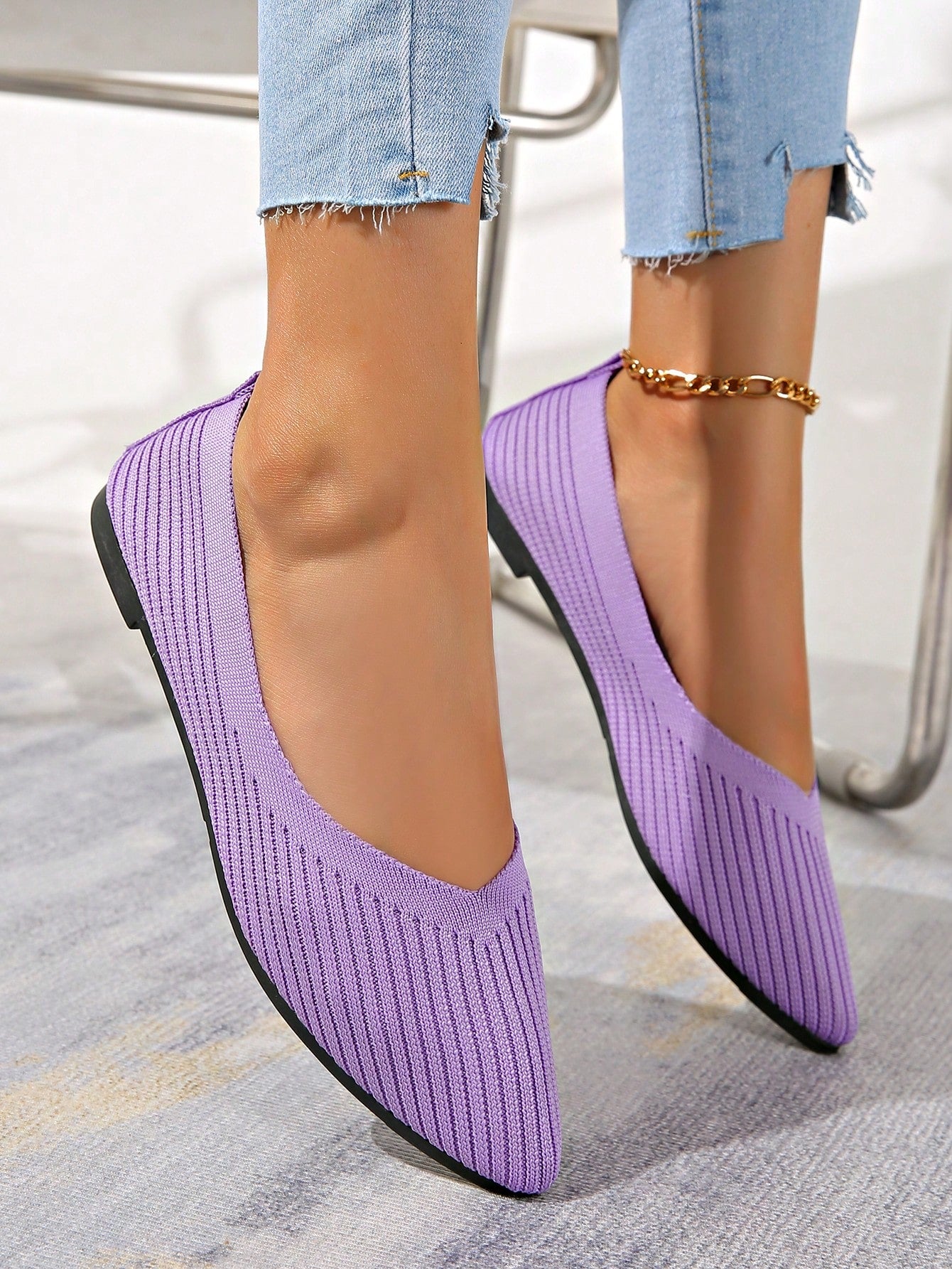 Sapatilha Bico Fino Knit Canelado Estilo Moderno