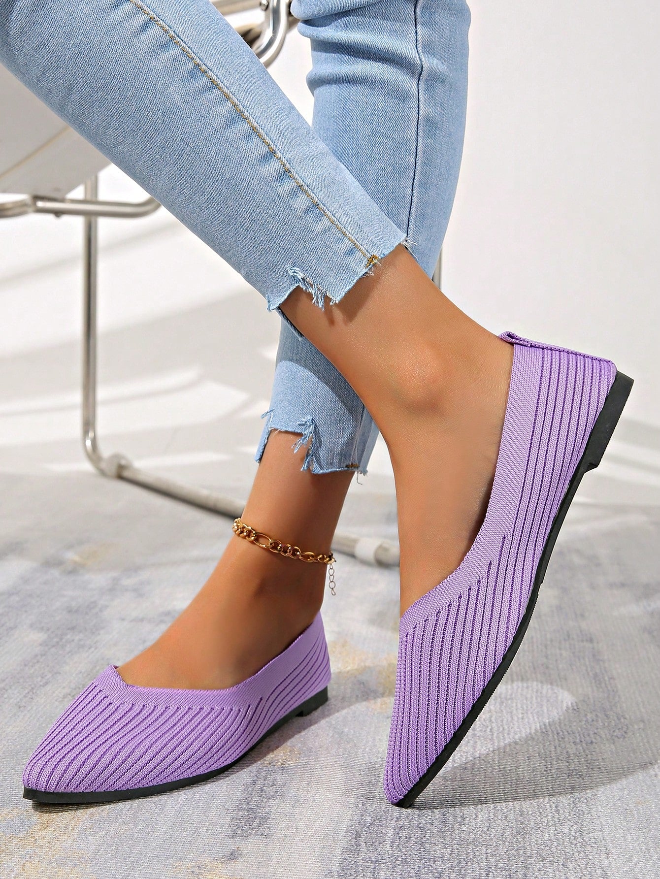 Sapatilha Bico Fino Knit Canelado Estilo Moderno