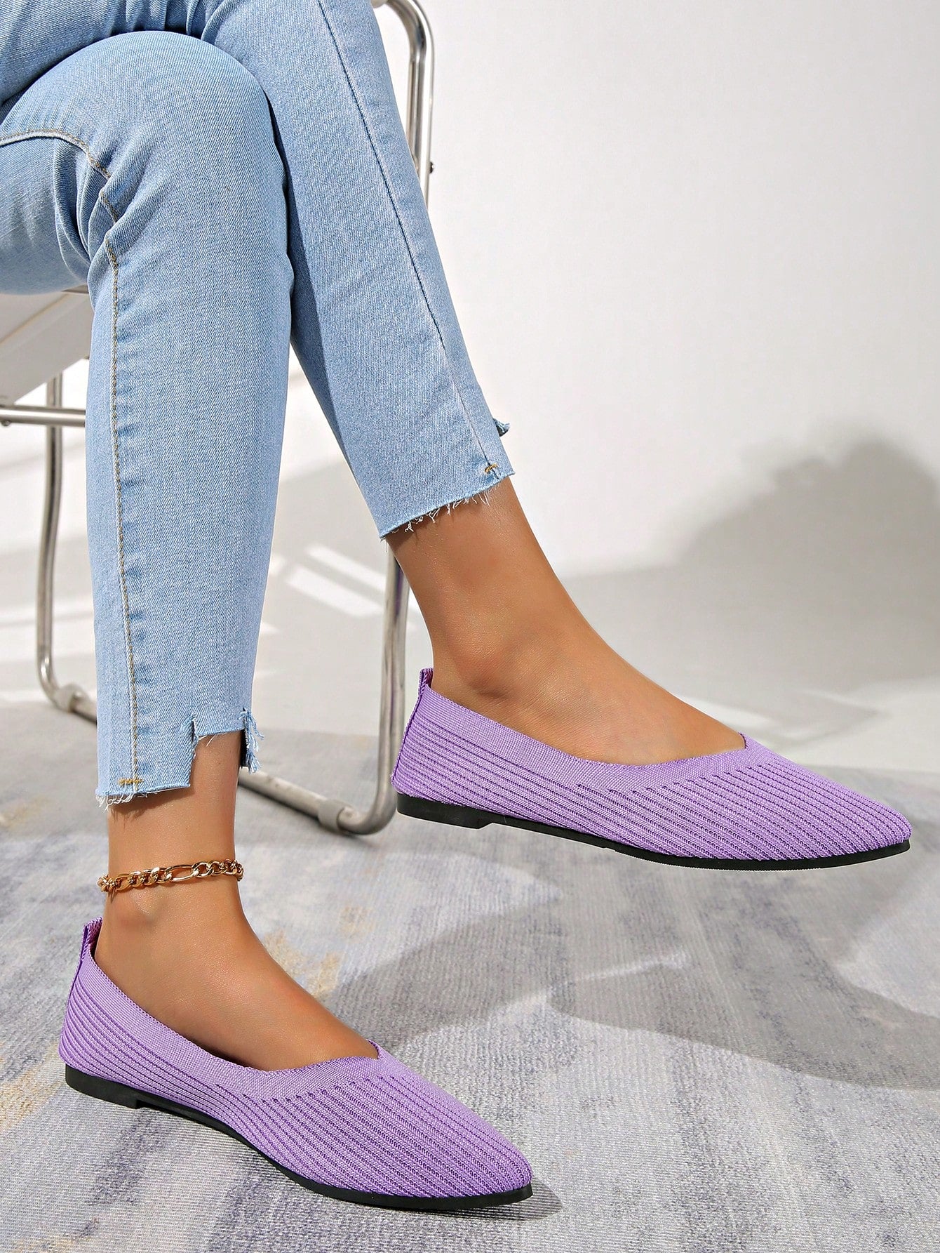 Sapatilha Bico Fino Knit Canelado Estilo Moderno