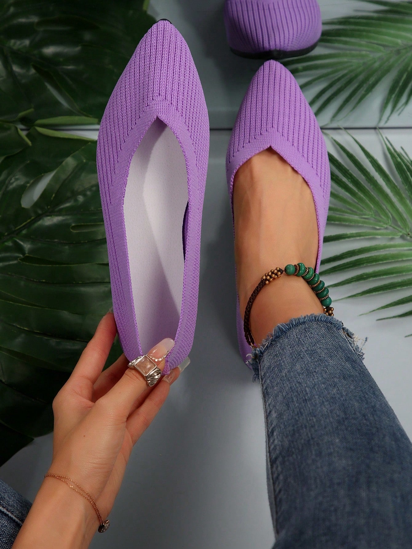 Sapatilha Bico Fino Knit Canelado Estilo Moderno