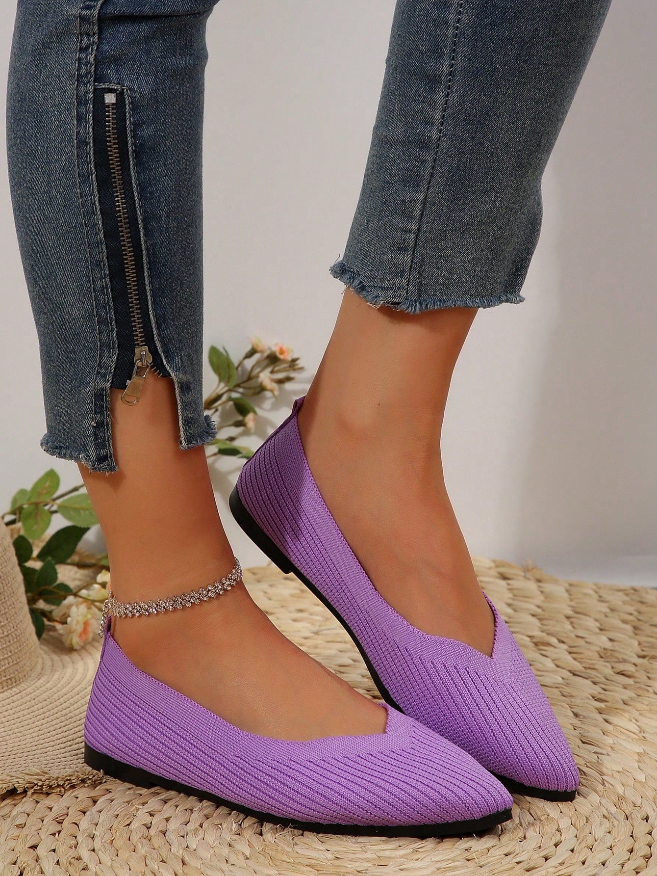 Sapatilha Bico Fino Knit Canelado Estilo Moderno