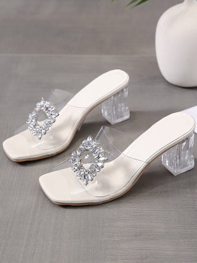 Sandália De Salto Transparente Com Fivela De Strass