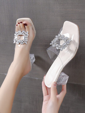 Sandália De Salto Transparente Com Fivela De Strass
