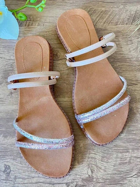 Sandália Rasteira Com Tiras Finas E Detalhe Brilhante