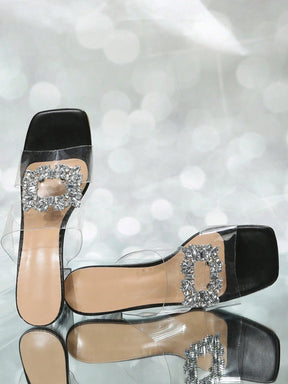 Sandália De Salto Transparente Com Fivela De Strass