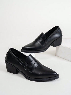 Sapato Mocassim Bico Fino Liso Com Salto Bloco Elegante